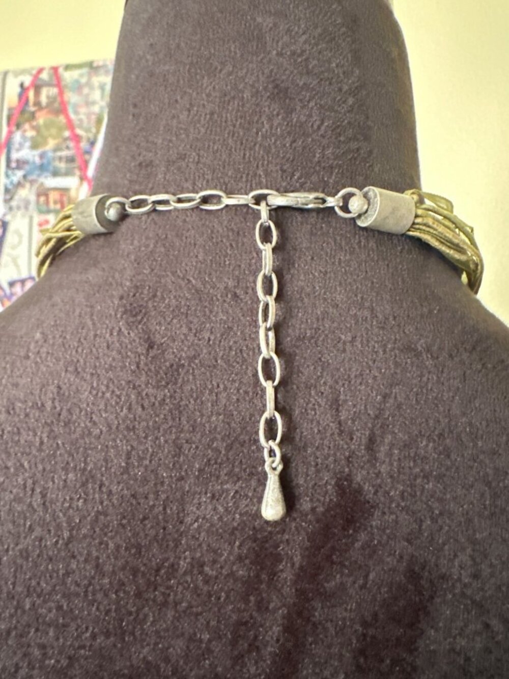 Multistrand Green Cord Necklace With Abstract Pendant & Adjustable Chain - Picture 3 of 3